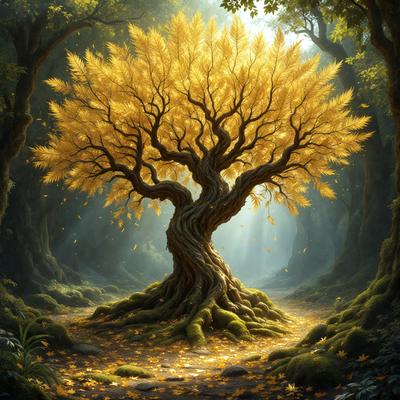 The primary subject of the image is a large, old tree with a gnarled trunk and a few leaves. The tree is situated in a forest, surrounded by a variety of trees and foliage. The visual style of the image is a digital art, with a vibrant and lush atmosphere. The colors in the image are predominantly yellow, which adds warmth and a sense of life to the scene.